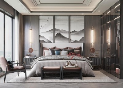 新中式家居卧室3D模型下载